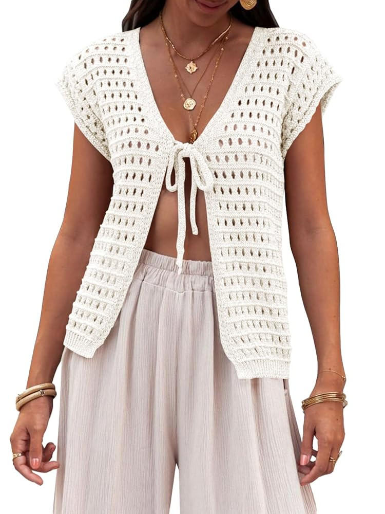 Saodimallsu Womens Tie Crochet Shrug Short Sleeve Open Front Lightweight Knit Cropped Cardigan Sw... | Amazon (US)