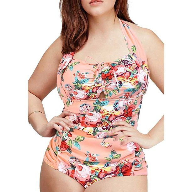 YOUI-GIFTS Women's One Piece Bathing Suit Tummy Control Swimwear Halter Ruched Swimsuit Plus Size... | Walmart (US)