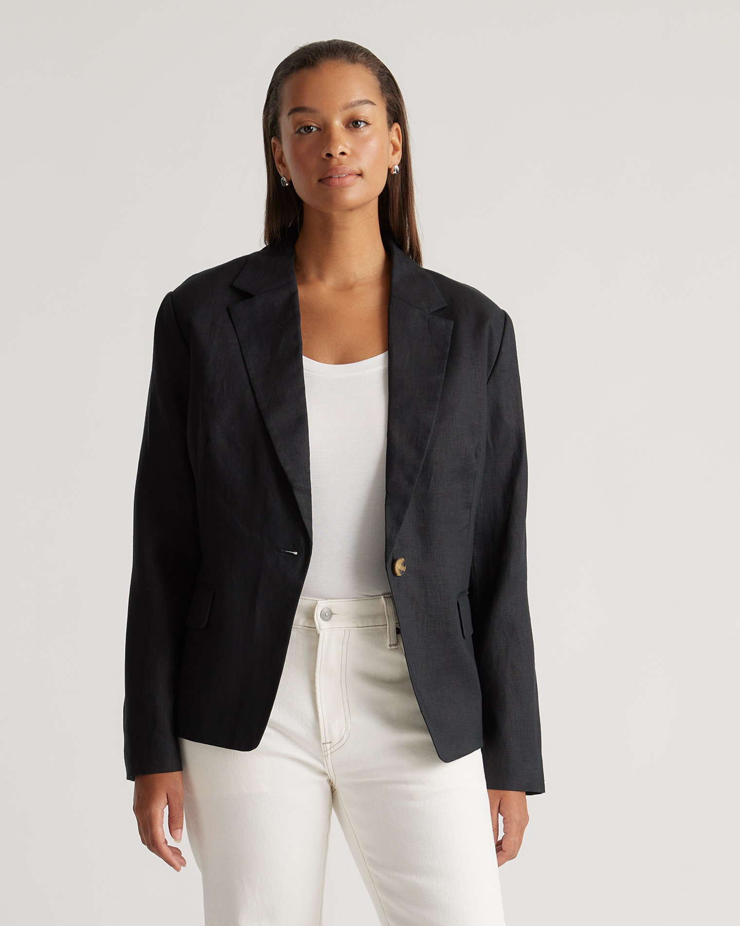 Quince | Women's 100% European Linen Structured Blazer in Black, Size XL | Quince