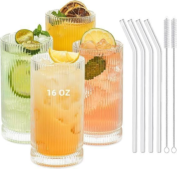 KEMORELA Vintage Ribbed Glassware Set, 16oz XL Drinking Glasses With Straws, Ribbed Glassware Set... | Amazon (US)