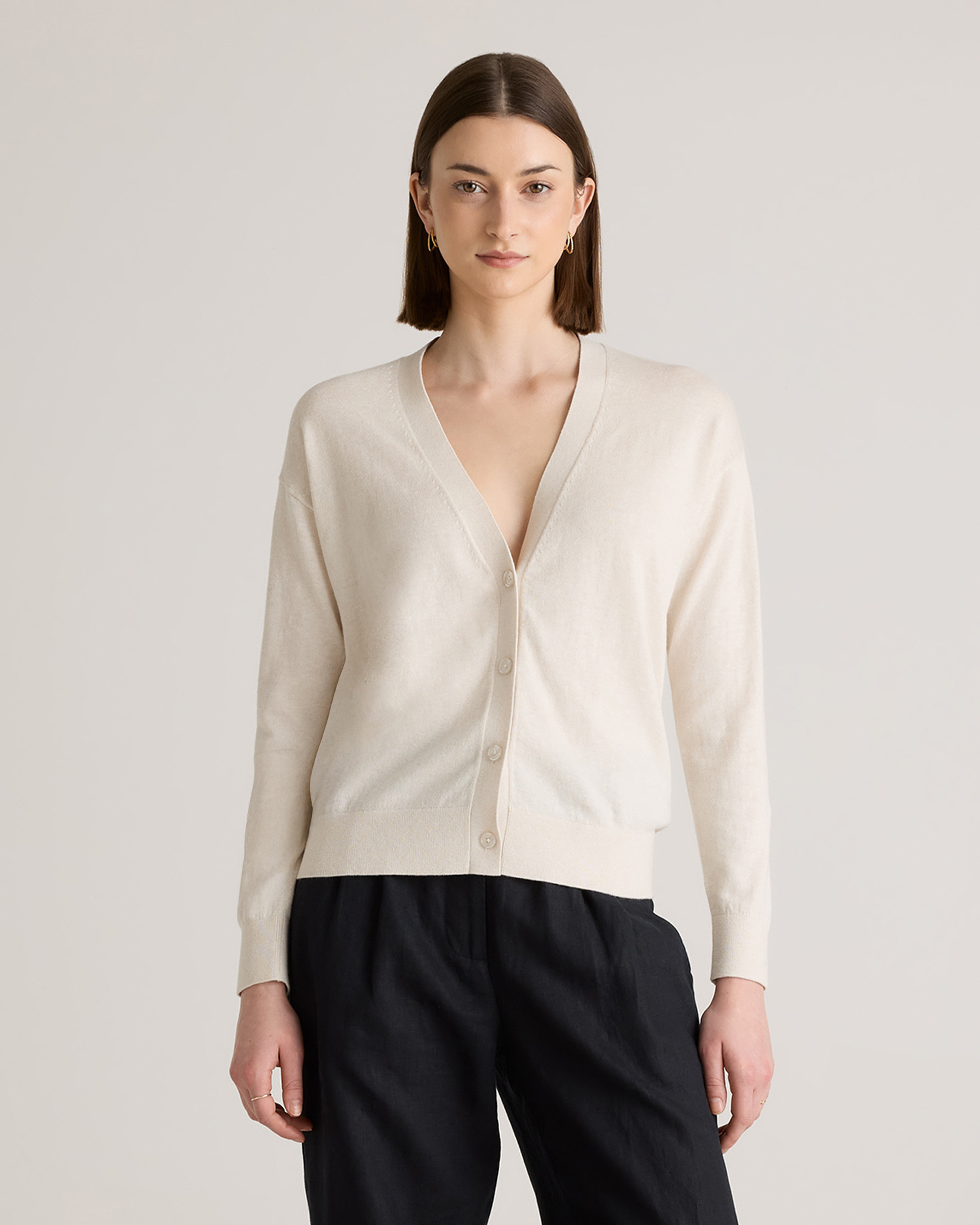 Quince | Women's Lightweight Cotton Cashmere Cardigan Sweater in Heather Bone, Size Medium, Organic Cotton | Quince
