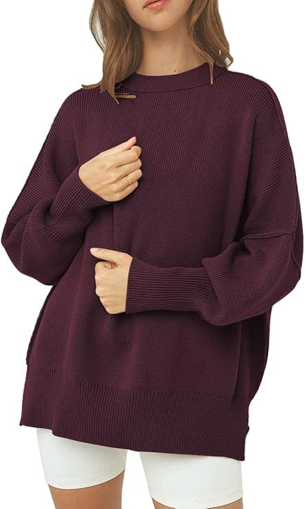 Amazon.com: LILLUSORY Women Fall Crewneck Batwing Long Sleeve Sweater Oversized Ribbed Knit Side ... | Amazon (US)