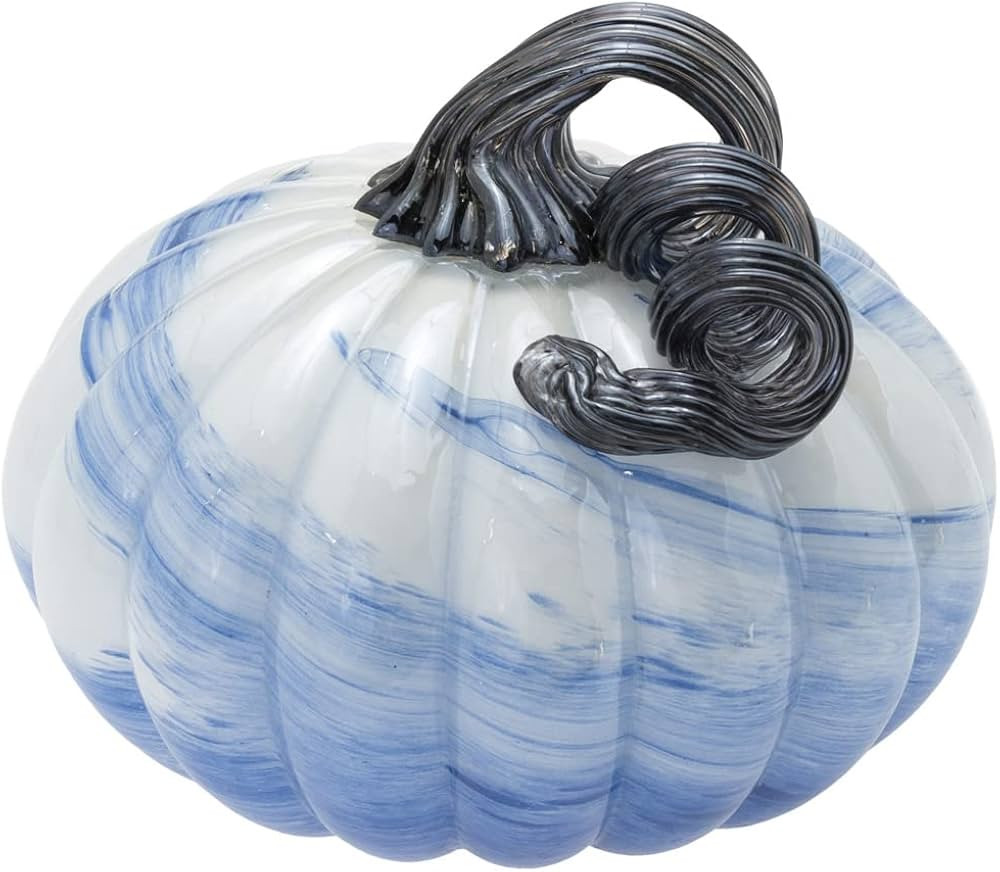 Boston International Pumpkin Fall Autumn Harvest Thanksgiving Tabletop Decorations Hand Blown Glass, Small, White Blue Swirl | Amazon (US)