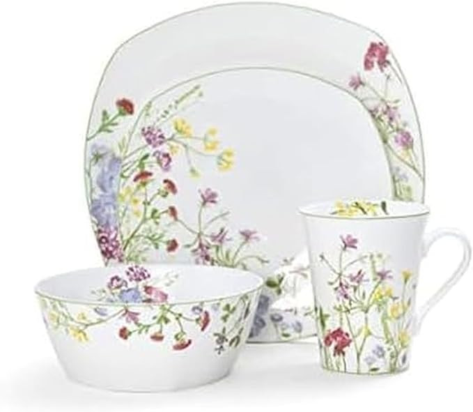 Mikasa Wildflower Garden Dinnerware Set, 16-Piece Bone China Dishes Service for 4, Square Plates ... | Amazon (US)