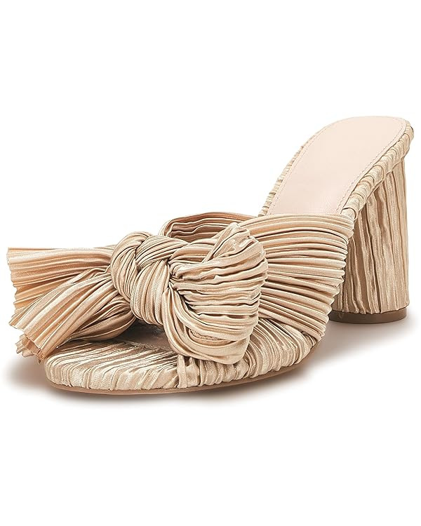 VETASTE Women's Pleated Bow Knot Heeled Sandals Comfortable Slip On Open Toe Block Chunky Heel Sl... | Amazon (US)