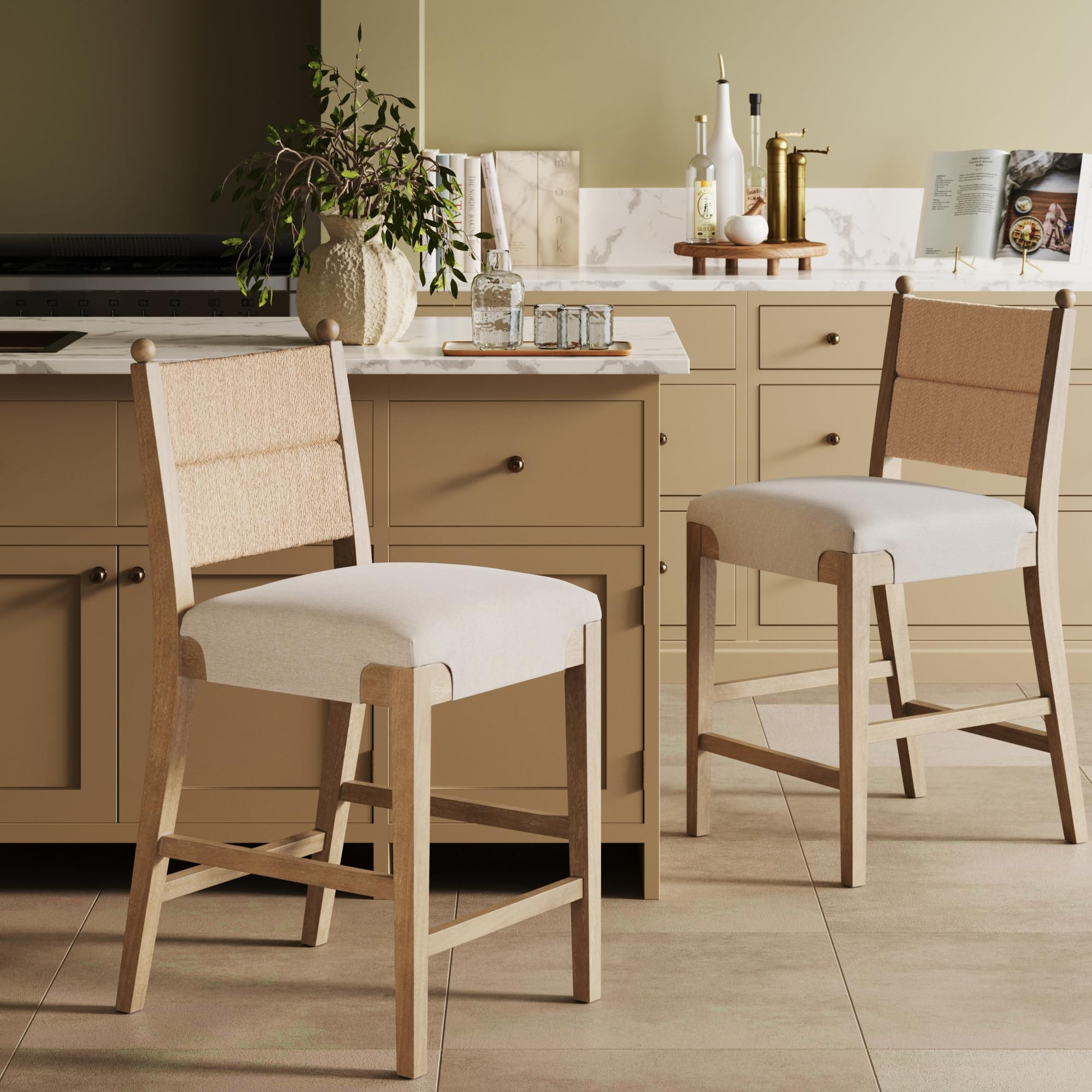 Nathan James Cove Seagrass Counter Stool Wood Upholstered Bar Stool with Natural Flax Cushion and Seagrass Backrest, Light Brown, Set of 2 | Amazon (US)