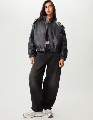Stradivarius Faux leather bomber jacket in black | ASOS (Global)