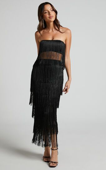 Amalee Fringe Strapless Crop Top and Midi Skirt Two Piece Set in Black | Showpo (US, UK & Europe)