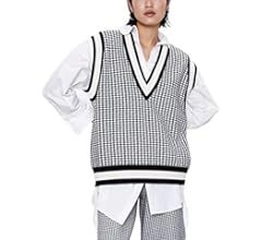 SAFRISIOR Oversized Houndstooth Knitted Vest Sweater Vintage V Neck Loose Sleeveless Sweater | Amazon (US)
