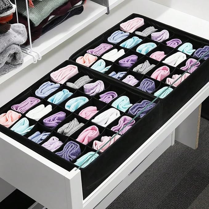 Socks Underwear Storage Box - 24 - Grid Foldable Drawer Organizer for Closet Space Saving, Black | Amazon (US)