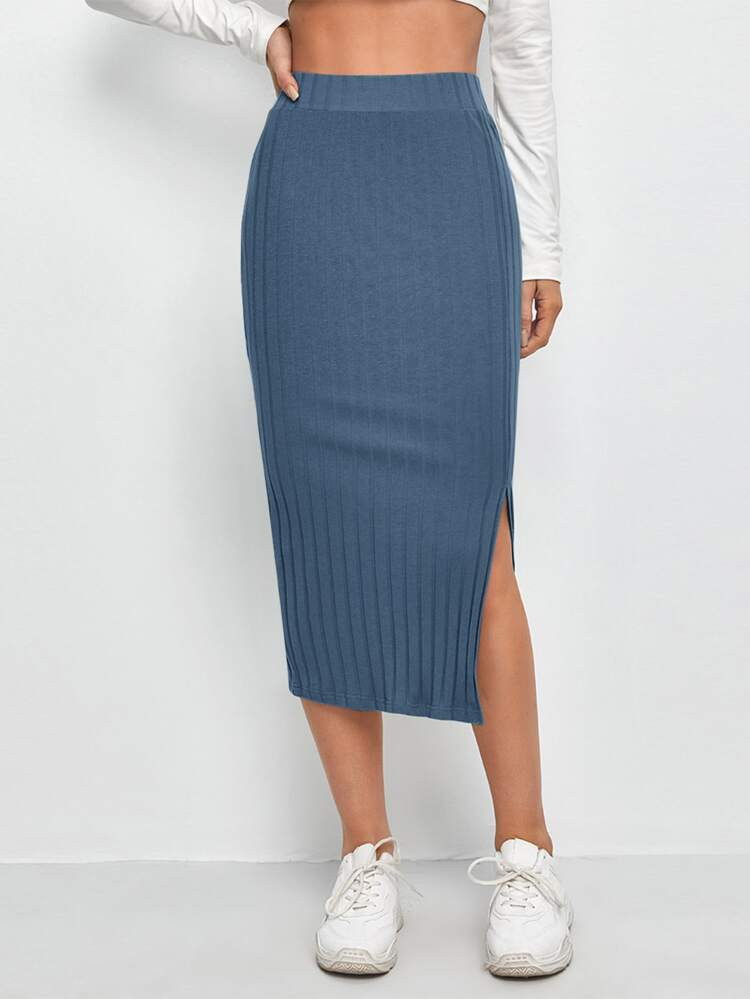 SHEIN EZwear Slit Hem Rib-knit Pencil Skirt | SHEIN