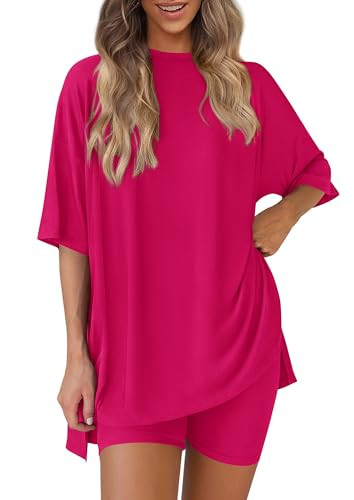 PRETTYGARDEN Women 2 Piece Lounge Set 2026 Summer Casual Oversized Shirts Biker Shorts Matching Airport Travel Outfit Clothes (Rose Red,Medium) | Amazon (US)