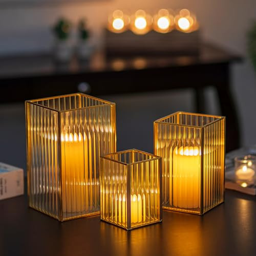 Glasseam Hurricane Glass Candle Holder: Ribbed Gold Pillar Candle Holders Set of 3 Square Metal Candle Holders for Table Centerpiece Modern Small Lanterns Decorative Indoor for Christmas Wedding Decor | Amazon (US)