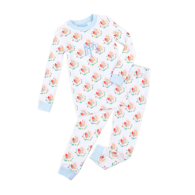 Feathery Turkey Blue Pajamas | Classic Whimsy