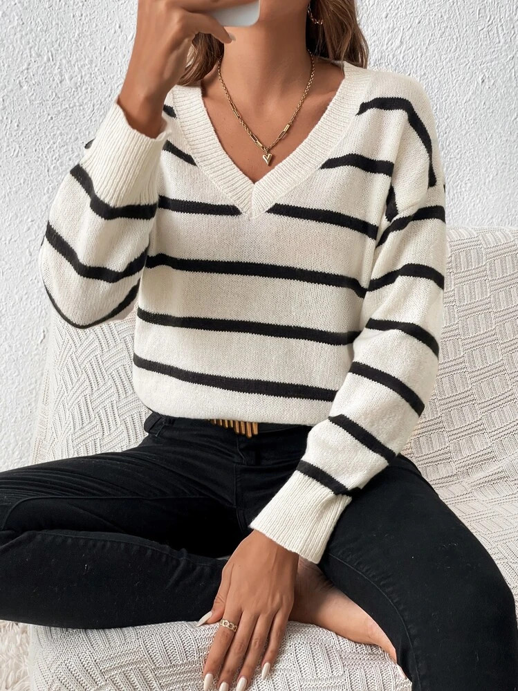 SHEIN Frenchy Black White V Neck Striped Pattern Drop Shoulder Sweater,Long Sleeve Tops,Knitted Sweater In Fall/Winter | SHEIN