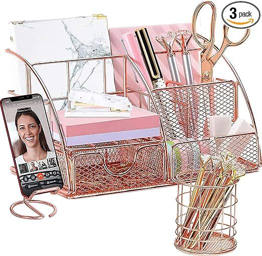 Rose Gold Desk Organizer,Desk Organizers and Accessories with Pen Holder for Desk Cute and Cell P... | Amazon (US)