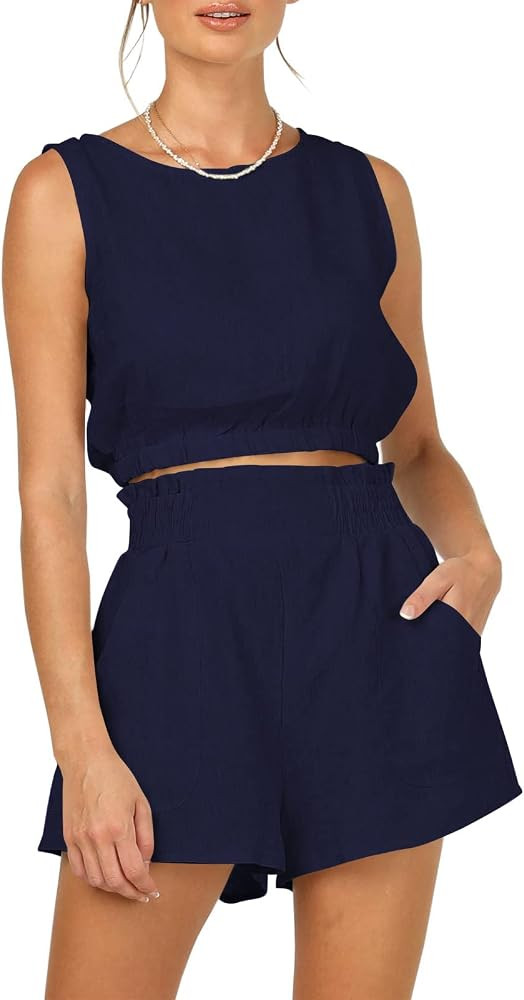 AUTOMET Women’s Summer 2 Piece Outfits Shorts Sets Sleeveless Round Neck Crop Top Tank and High Wais | Amazon (US)