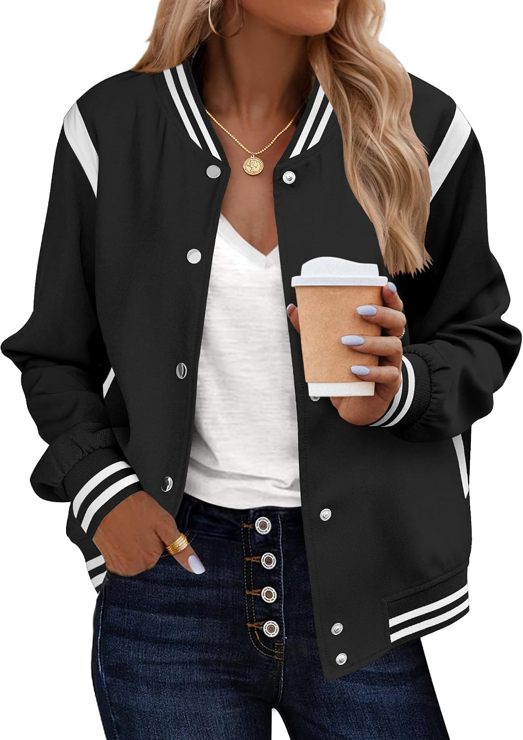 Zeagoo Bomber Jacket Women Varsity Casual Button Down Outfits with Pockets | Amazon (US)