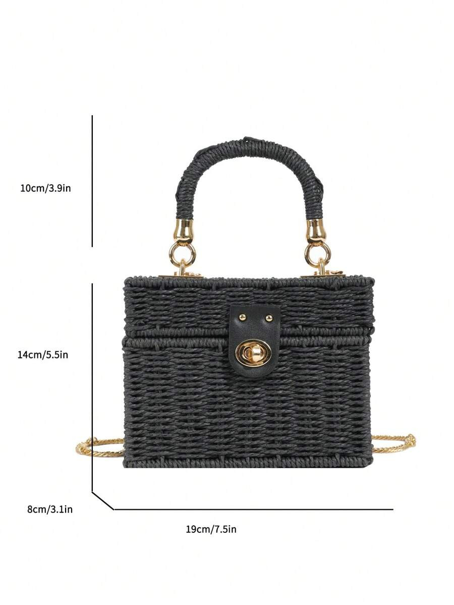 Summer Straw Handbag Beach Style Fashion Chain Single Shoulder Crossbody Bag Commuter Box Holiday... | SHEIN