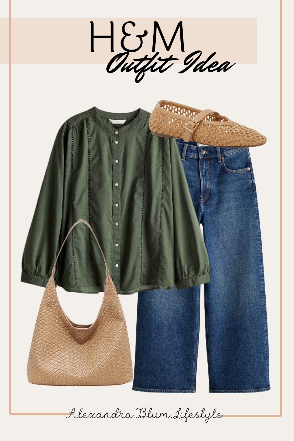 Cute casual fall outfit from H&M! Green button up top and wide leg jeans are both only $30!! Natural tan ballet flats and tan woven shoulder bag purse are both from Amazon! 

#LTKFindsUnder50 #LTKItBag #LTKShoeCrush