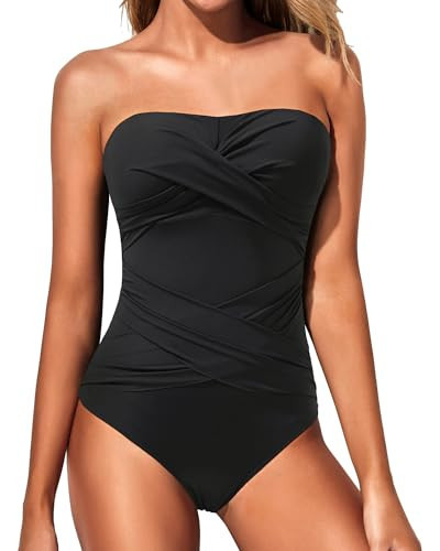 Holipick Black Women Strapless One Piece Swimsuits Tummy Control Bandeau Bathing Suits Retro Slimming Swimwear XXL | Amazon (US)