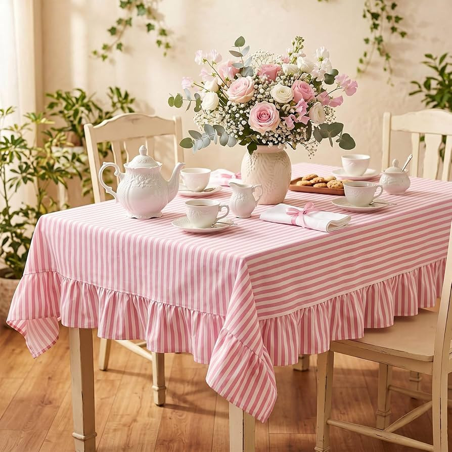 Pink Striped Ruffled Rectangular Tablecloth 60 x 120 Inches | Amazon (US)