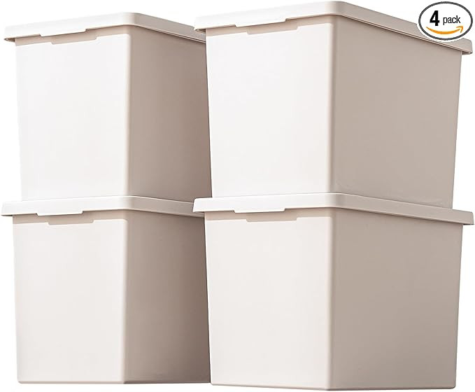 LightGray Storage Bins with lids,Stackable Plastic Boxes Set of 4,Storage busket with handle for ... | Amazon (US)