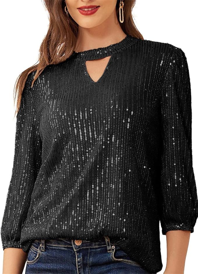 JASAMBAC Women's Sparkle Sequin Tops Shimmer Glitter Loose Cold Shoulder Party Tunic Batwing Dolm... | Amazon (US)
