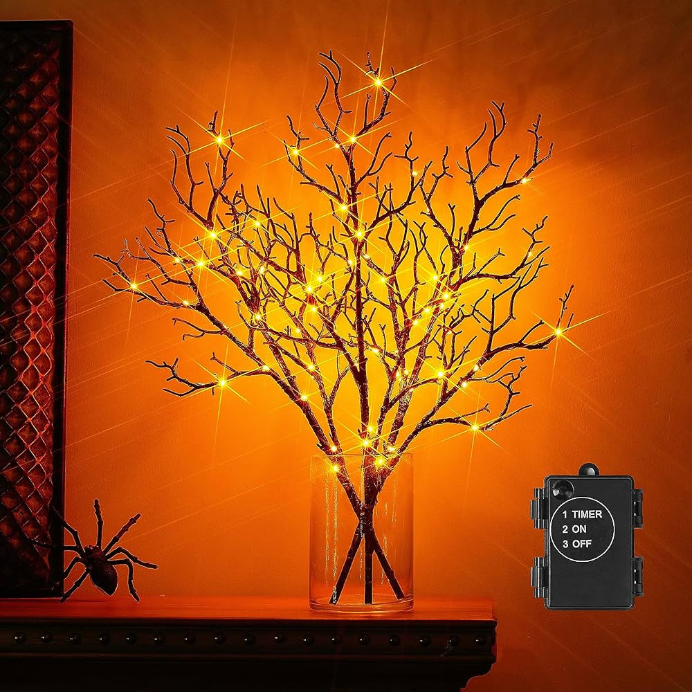 Hairui Lighted Halloween Tree Branches with Timer 21IN 75L Orange Fairy Lights, Black Twig Branch... | Amazon (US)