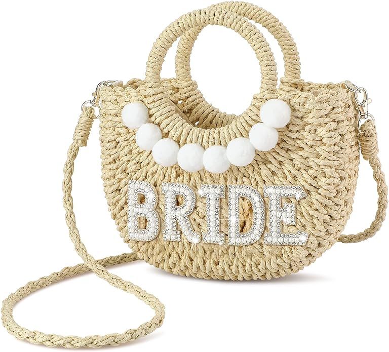 Pinkunn Bride Straw Purse Handwoven Bag Rhinestone Letter Patches Bag Bachelorette Party Honeymoo... | Amazon (US)