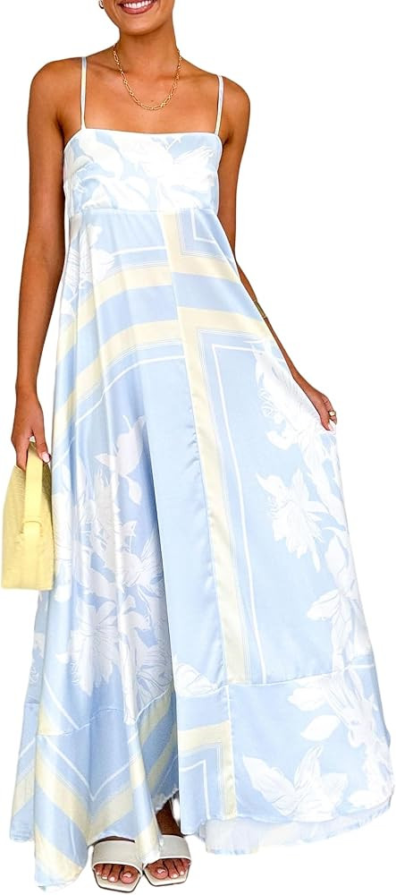 Women Boho Floral Maxi Dress Spaghetti Strap Smocked Back Flowy Dress Sleeveless Aline Long Sundr... | Amazon (US)