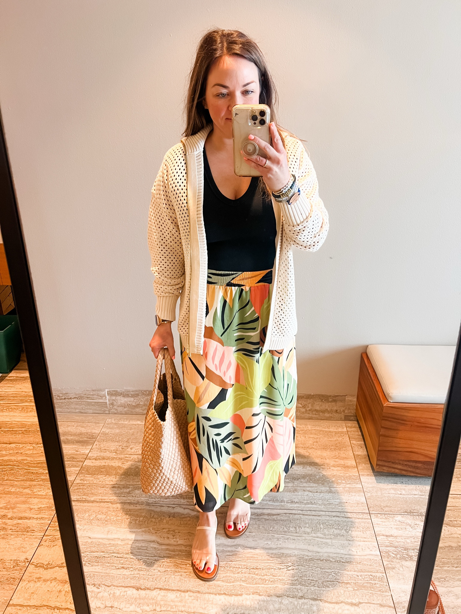 What I wore for my class in Mexico. I love this open knit Varley sweater as an extra layer. And this ruffle sleeve bodysuit is my favorite! 