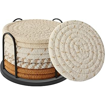 Coasters Set of 8 for Drinks, Beer, Coffee, Cotton Woven 4 Colors Absorbent Coaster with Holder, ... | Amazon (US)