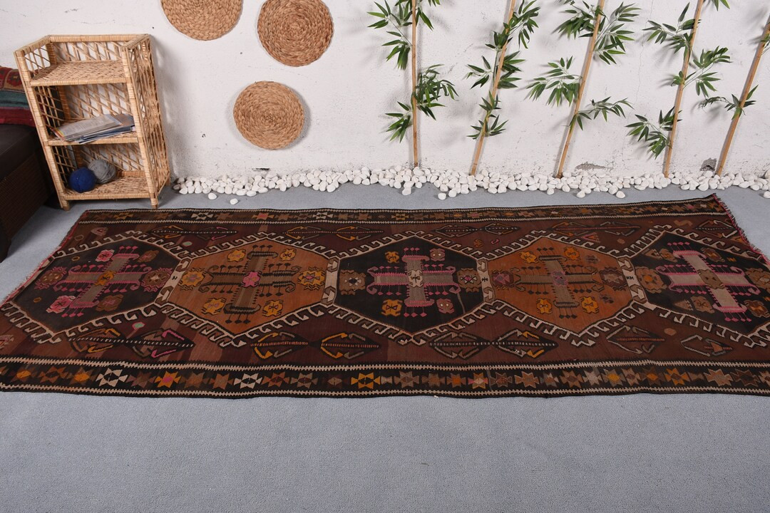 Large Kilim Turkish Vintage Rugs for Bedroom Brown Handmade Dining Room Antique Geometric Anatoli... | Etsy (US)
