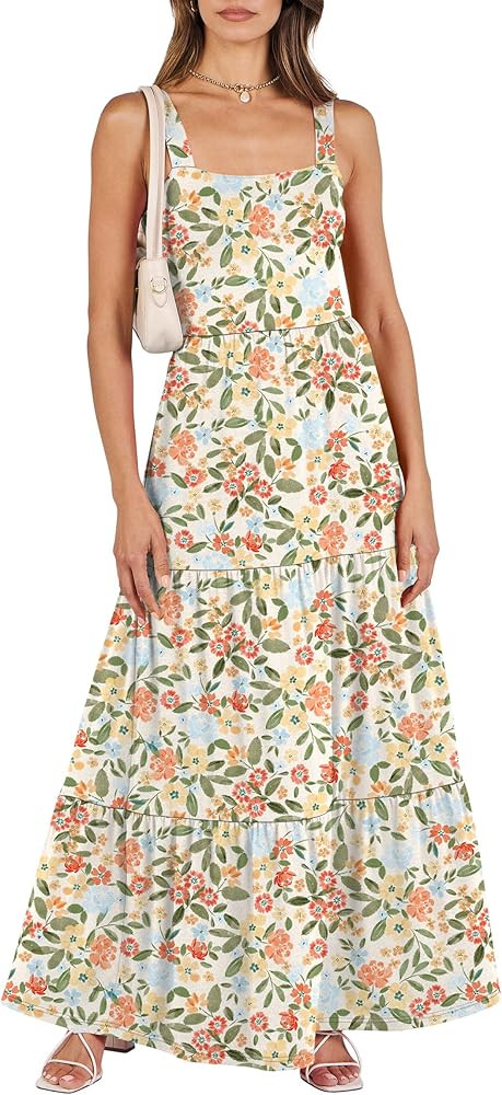 ANRABESS Women's Summer Casual Long Maxi Beach Vacation Dresses Sleeveless Square Neck Flowy Tier... | Amazon (US)