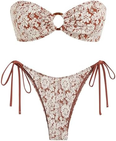 ZAFUL Women's Bandeau Bikini Strapless O Ring Lace Tie Back High Cut Two Piece Swimsuit Bathing S... | Amazon (US)