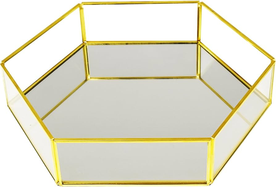 Hexagon Vintage Gold Mirror Glass Vanity Tray,Ornate Geometric and Brass Plated Display Storage O... | Amazon (US)