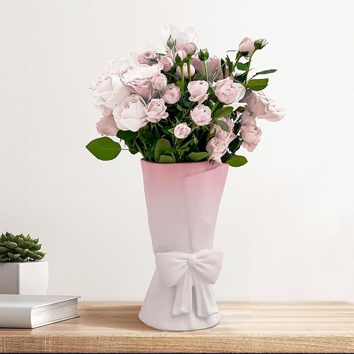Pink White Ceramic Bow Vase 9.64 in Unique Cute Modern Decorative Bouquet Flower Vases for Home L... | Amazon (US)