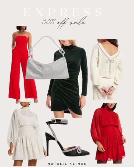 Express 50% off sale!! Holiday style on sale. Black Friday sale! Sale alert. Red romper. Green velvet dress. Red dress. Holiday sweater. Silver sparkly dress. Black bow heels. 

#LTKsalealert #LTKHoliday #LTKCyberweek