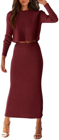 PRETTYGARDEN Women's Spring Fall 2 Piece Sweater Set Rib Knit Long Sleeve Crop Top Maxi Bodycon S... | Amazon (US)