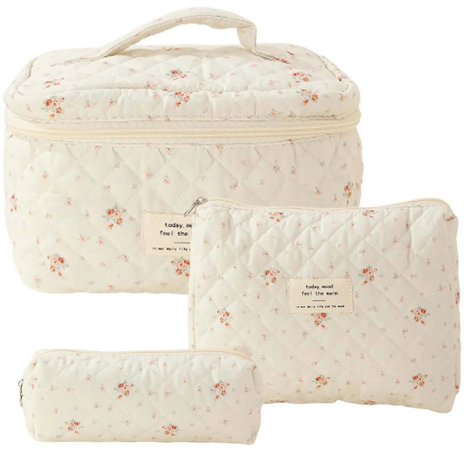 BadyminCSL 3 Pcs Cotton Quilted Makeup Bag Set Floral Cotton Cosmetic Bag Toiletry Travel Organiz... | Walmart (US)