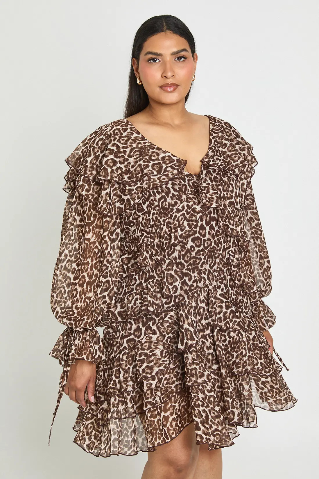 Leopard Plus Floral Chiffon Ruffle Mini Dress | Boohoo USA | boohoo (US & Canada)