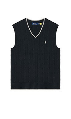 Polo Ralph Lauren Cotton Tipped Cable V-Neck Sweater Vest in Hunter Navy from Revolve.com | Revolve Clothing (Global)
