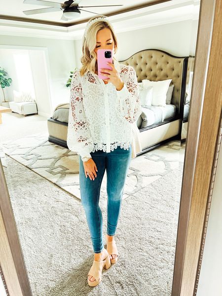 See’s something in white ➡️ immediately adds to cart 🤣 So many cute Spring options hitting our front doorstep lately & can’t wait to share! Linking my outfit details + another cute top I ordered too! Mules are @shoptwill (of course) 💗