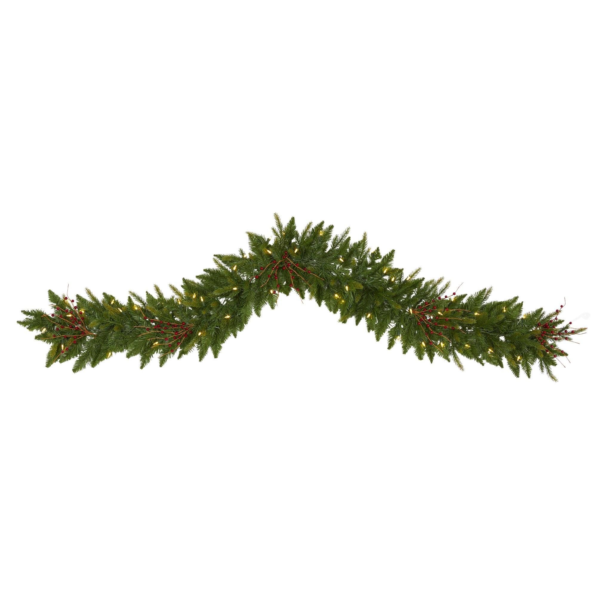 6' Christmas Pine Artificial Garland with 50 Warm White LED Lights and Berries | Nearly Natural