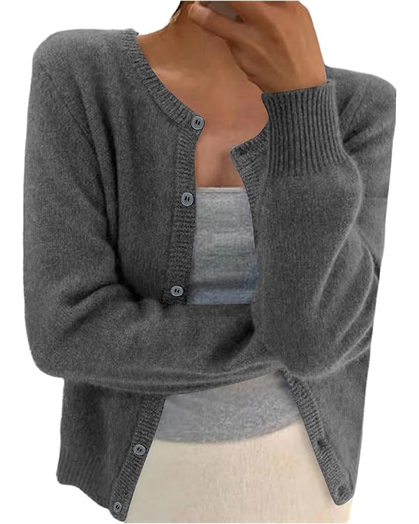 Women's Ribbed Knit Cardigan Long Sleeve Crewneck Button Down Lightweight Cardigan Sweater Trendy | Amazon (US)