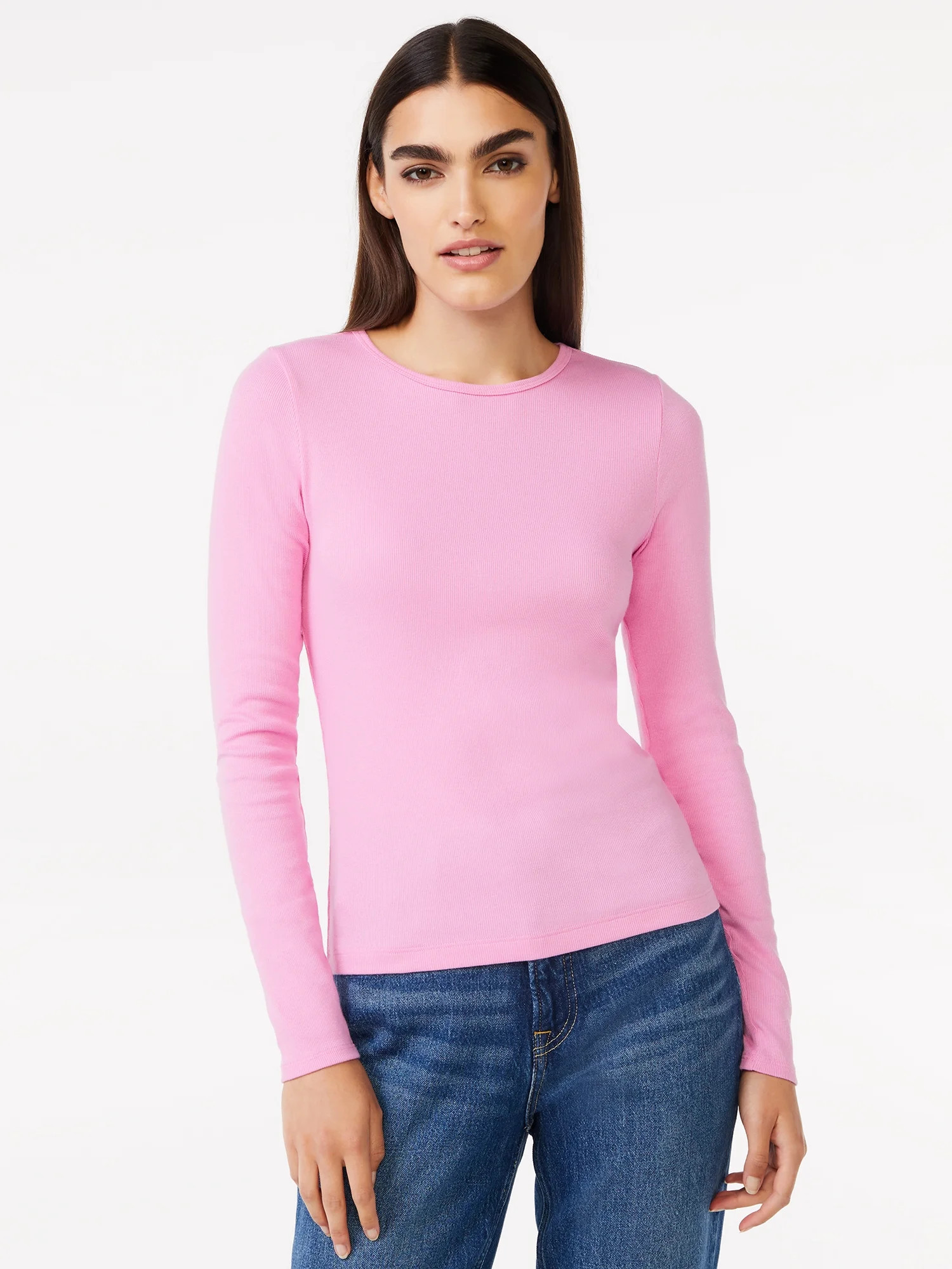 Free Assembly Women's Ribbed Crewneck Top with Long Sleeves | Walmart (US)