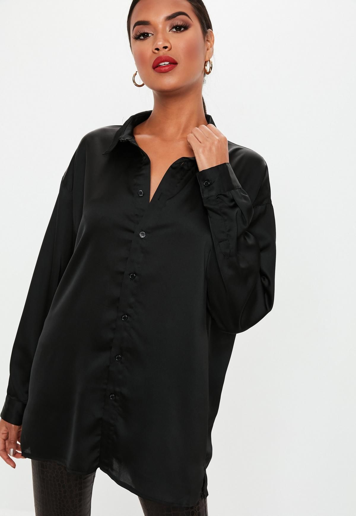 Black Extreme Oversized Satin Shirt | Missguided (US & CA)