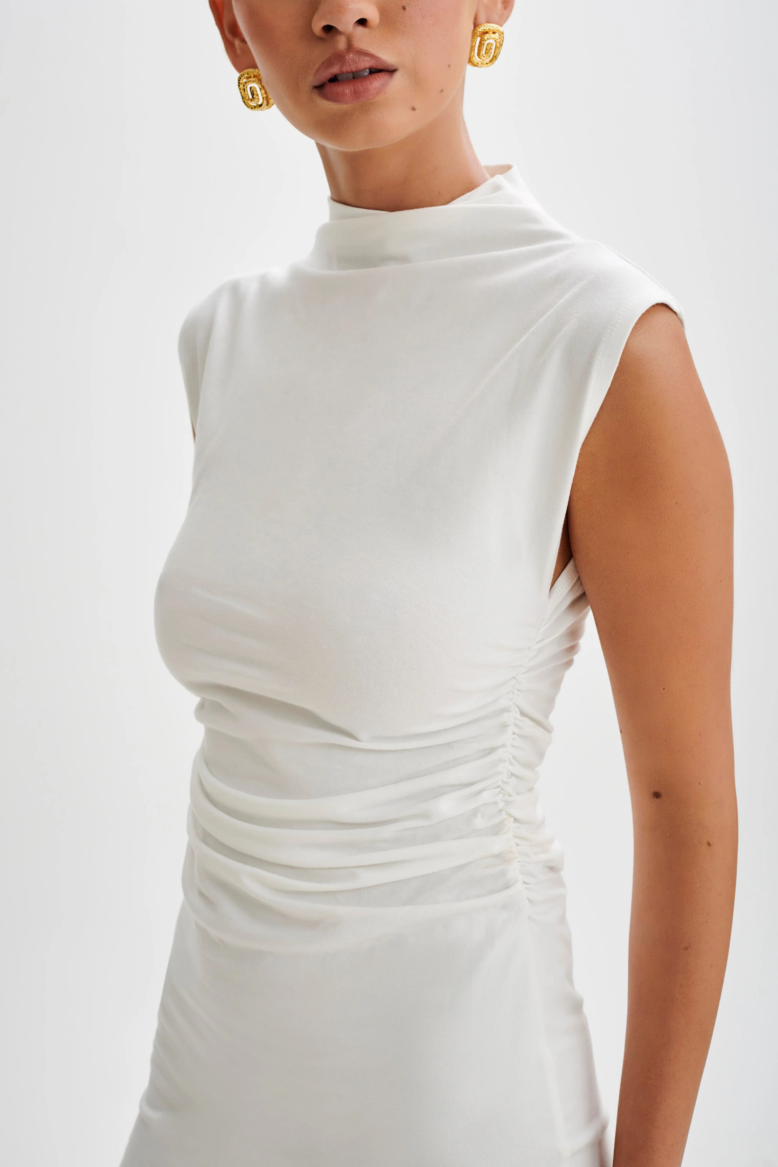 Melania High Neck Mini Dress - White | MESHKI US