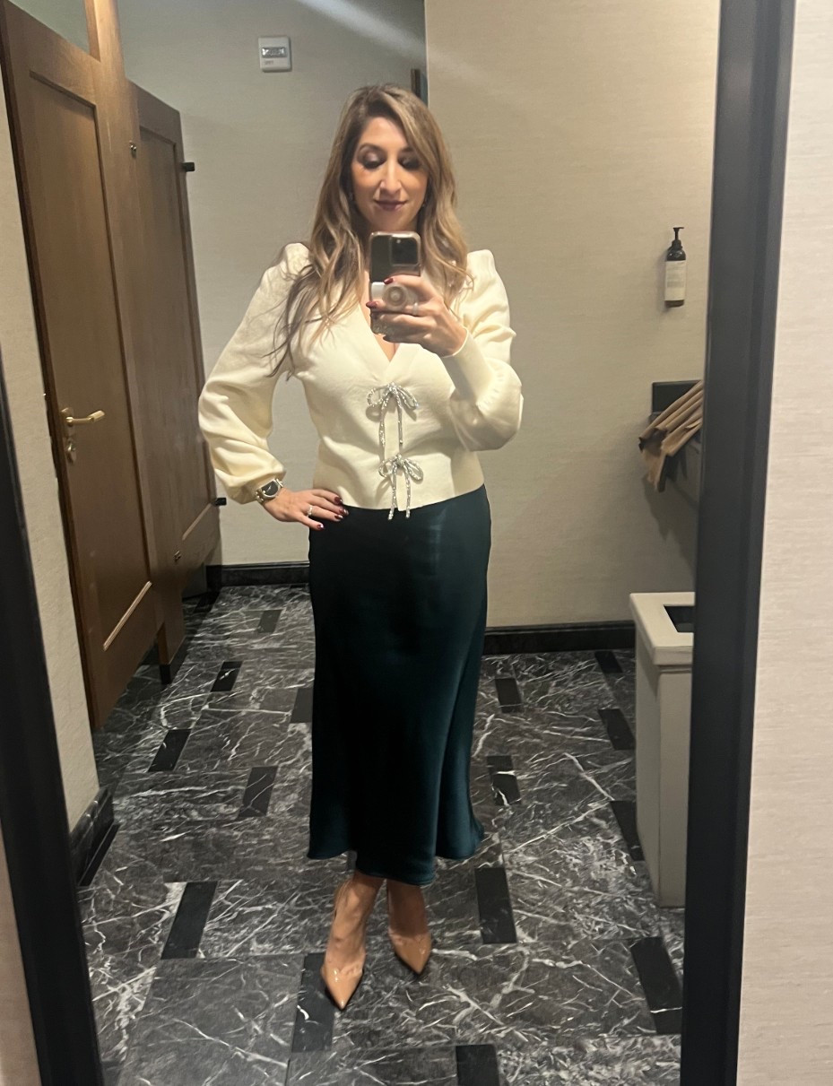 Satin skirt and bling 

#LTKWorkwear #LTKSeasonal #LTKOver40
